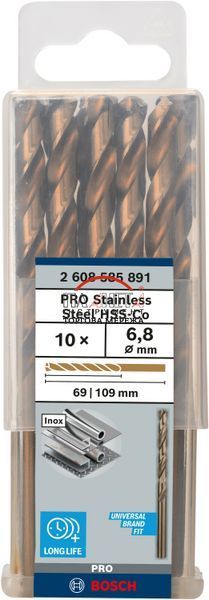 Набір спіральних свердел Bosch Professional Stainless Steel HSS-Co, 10 штук, діаметр 6,8, робоча довжина 69, довжина 109 мм (2608585891) 2608585891 фото