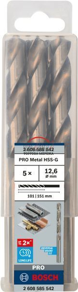 Набір спіральних свердел Bosch Professional Metal HSS-G, стандартна довжина 151 мм, діаметр 12,6 мм, робоча довжина 101 мм, 5 штук (2608585542) 2608585542 фото