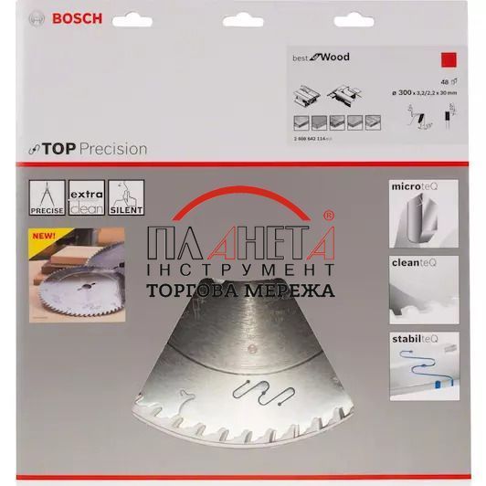Пиляльний диск Top Precision Best for Wood Bosch Professional для дротових настільних торцювальних пилок, 300x30x2,2-3,2 мм, 48Т (2608642114) 2608642114 фото