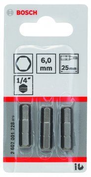 Насадка біта BOSCH Extra Hard HEX 6, 25 мм 3 шт. 2607001728 фото