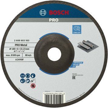 Армований шліфувальний диск Metal Bosch Professional для великих кутових шліфувальних машин, 180х6 мм, увігнутий, діаметр отвору 22,23 мм (2608603183) 2608603183 фото