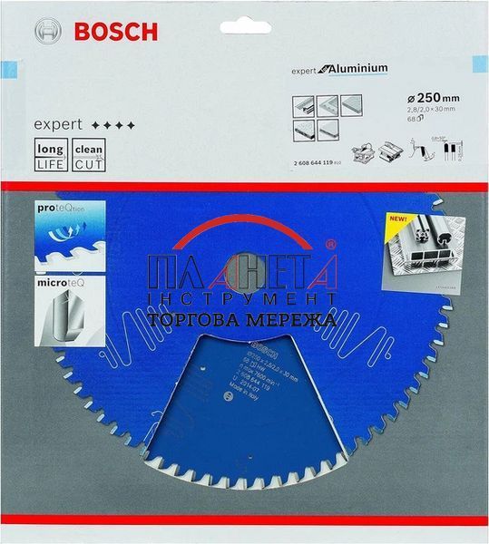 Пиляльне полотно, диск Bosch Professional Expert Aluminium cordless для мережевих настільних циркулярних пилок, 250x30x2.8, 68T (2608644119) 2608644119 фото