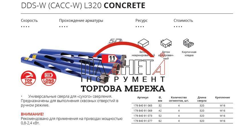 Алмазне корончасте свердло DISTAR DDS-W 52x320-4xМ16 Бетон (17984091073) 17984091073 фото