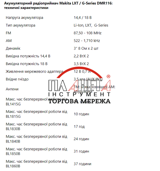 Акумуляторний радіоприймач Makita LXT / G-Series DMR116 DMR116 фото
