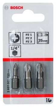 Набір біт для шуруповерта BOSCH BOSCH Extra Hard PZ1; PZ2; PZ3; 25 мм 3 шт. 2607001753 фото