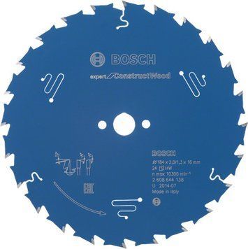 Пиляльний диск Bosch Professional Expert Construct Wood Corded для дротових ручних циркулярних пилок, 184x16x2, 24T (2608644138) 2608644138 фото