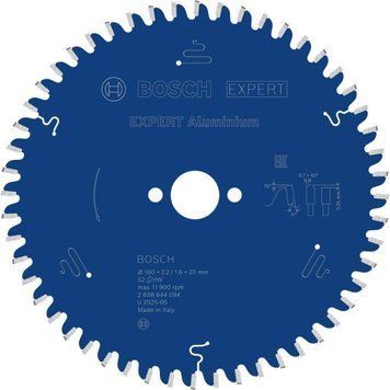 Пиляльне полотно, диск Bosch Professional EXPERT Aluminium Corded для ручної циркулярної пилки та пилки для сухого різання, 160x20x2.2, 52T (2608644094) 2608644094 фото