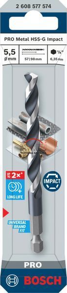 Спіральне свердло Bosch Professional Metal HSS-G Impact, шестигранний хвостовик &frac14; дюйма, діаметр 5,5, довжина 98, робоча довжина 57 мм (2608577057) (2608577574) 2608577574 фото