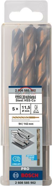 Набір спіральних свердел Bosch Professional Stainless Steel HSS-Co, 5 штук, діаметр 11,5, робоча довжина 94, довжина 142 мм (2608585902) 2608585902 фото