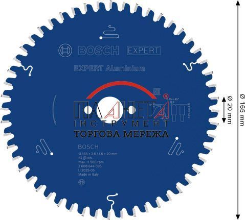 Пиляльне полотно, диск Bosch Professional EXPERT Aluminium Corded для ручної циркулярної пилки та пилки для сухого різання, 165x20x2.6, 52T (2608644095) 2608644095 фото