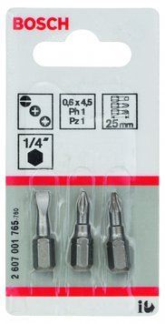 Набір насадок-біт BOSCH Extra Hard (змішаний) S 0,6x4,5; PH1; PZ1; 25 мм 3 шт. 2607001765 фото