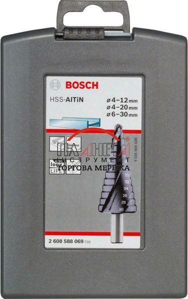 Набір східчастих свердел Bosch Professional HSS-AlTiN ProBox 4-12, 4-20, 6-30 з хвостовиком із трьома фасками, 3 штуки (2608588069) 2608588069 фото