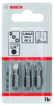 Набір насадок-біт BOSCH Extra Hard (змішаний) S 1,0x5,5; PH2; PZ2; 25 мм 3 шт. 2607001766 фото