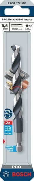 Спіральне свердло Bosch Professional Metal HSS-G Impact, шестигранний хвостовик &frac14; дюйма, діаметр 9,50, довжина 125, робоча довжина 81 мм (2608577130) (2608577583) 2608577583 фото