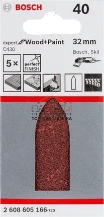 Шліфувальні аркуші для дельташліфувальних машин, Bosch Professional C430 Expert for Wood + Paint, 32мм, K40, пакування по 5шт. (2608605166) 2608605166 фото