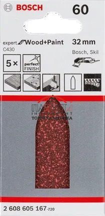 Шліфувальні аркуші для дельташліфувальних машин, Bosch Professional C430 Expert for Wood + Paint, 32мм, K60, пакування по 5шт. (2608605167) 2608605167 фото
