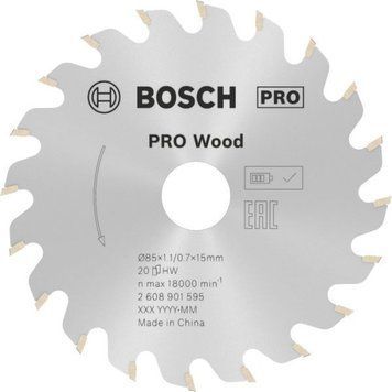 Циркулярне пиляльне полотно, диск Wood Bosch Professional для мережевих ручних пилок, 85x15x0,7-1,1 мм, 20Т (2608901595) 2608901595 фото