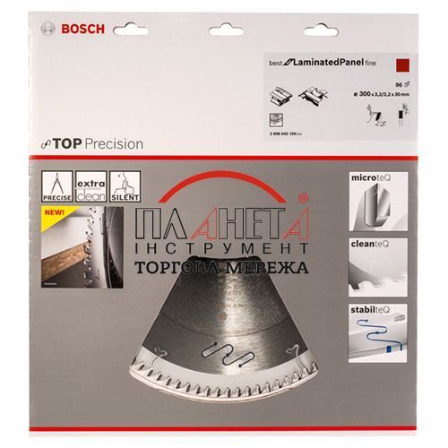 Пиляльний диск Best for Laminated Panel Fine Abrasive Bosch Professional для дротових настільних циркулярних пилок, для вертикальних форматних пилок, 300x30x2,2-3,2 мм, 96Т (2608642105) 2608642105 фото