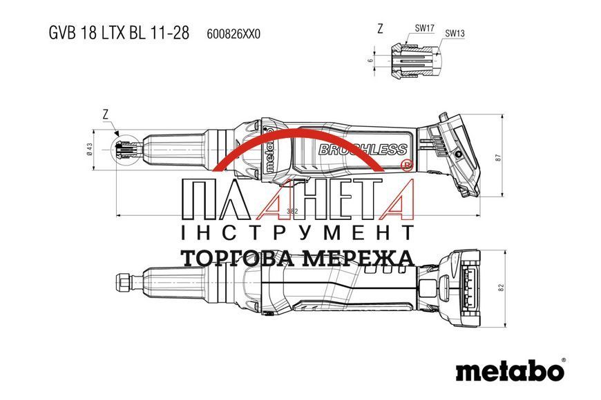 Акумуляторна прямошліфувальна машина Metabo GVB 18 LTX BL 11-28 з кейсом без АКБ та ЗП (600826840) 600826840 фото